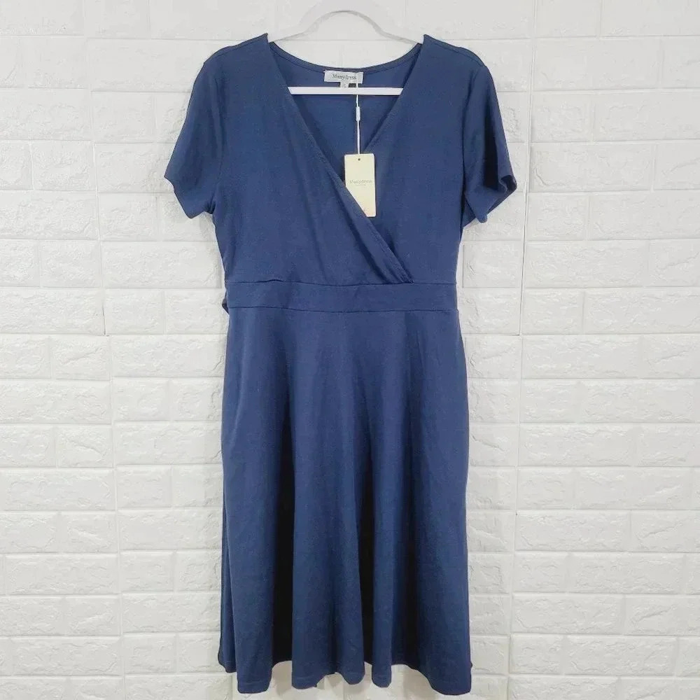 Manydress Women's Stretch A-Line Wrap Dress Short Sleeve Blue Size XL NWT